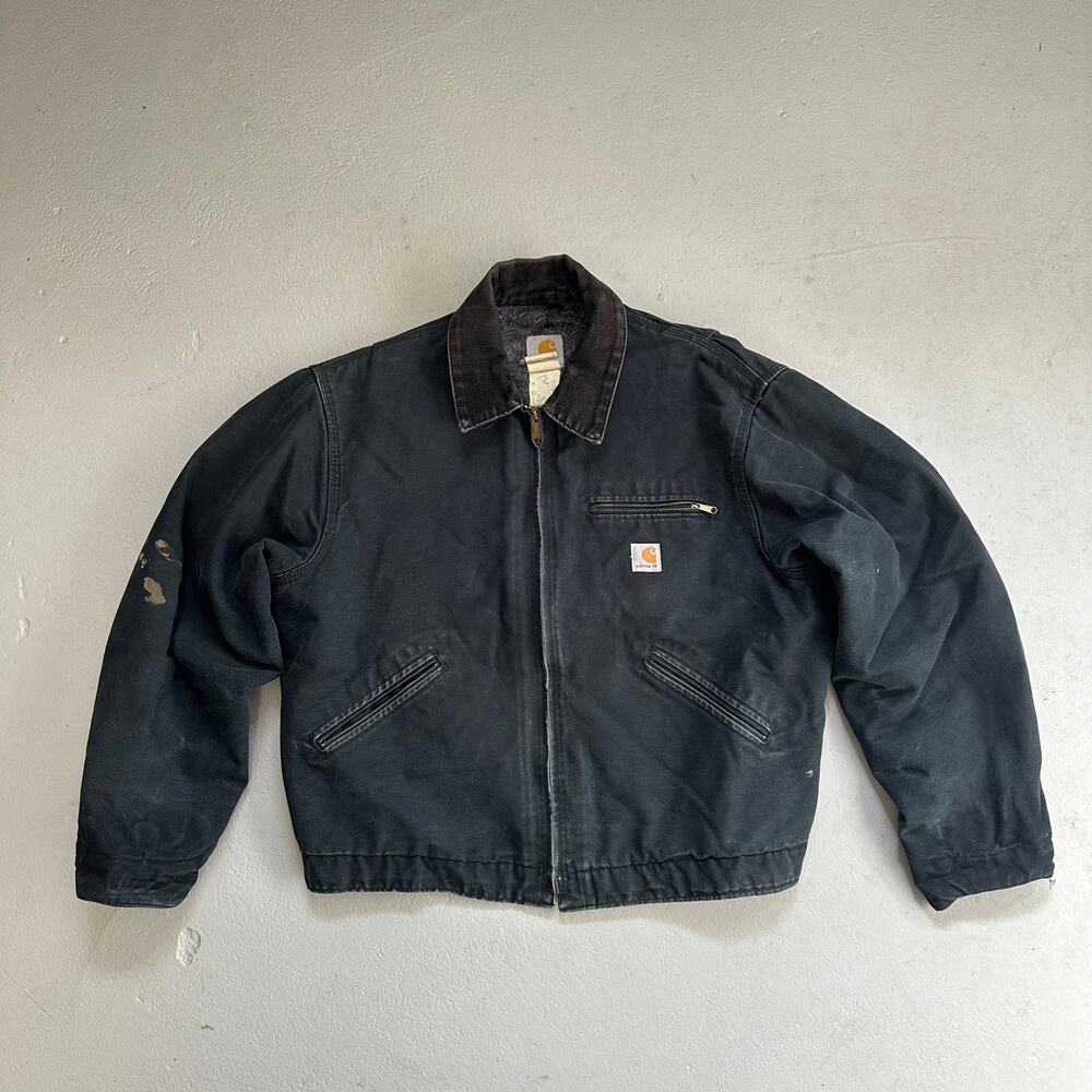 Vtg Carhartt J01 BLK Detroit Jacket Size 48 (XL) Made in USA Black Distressed